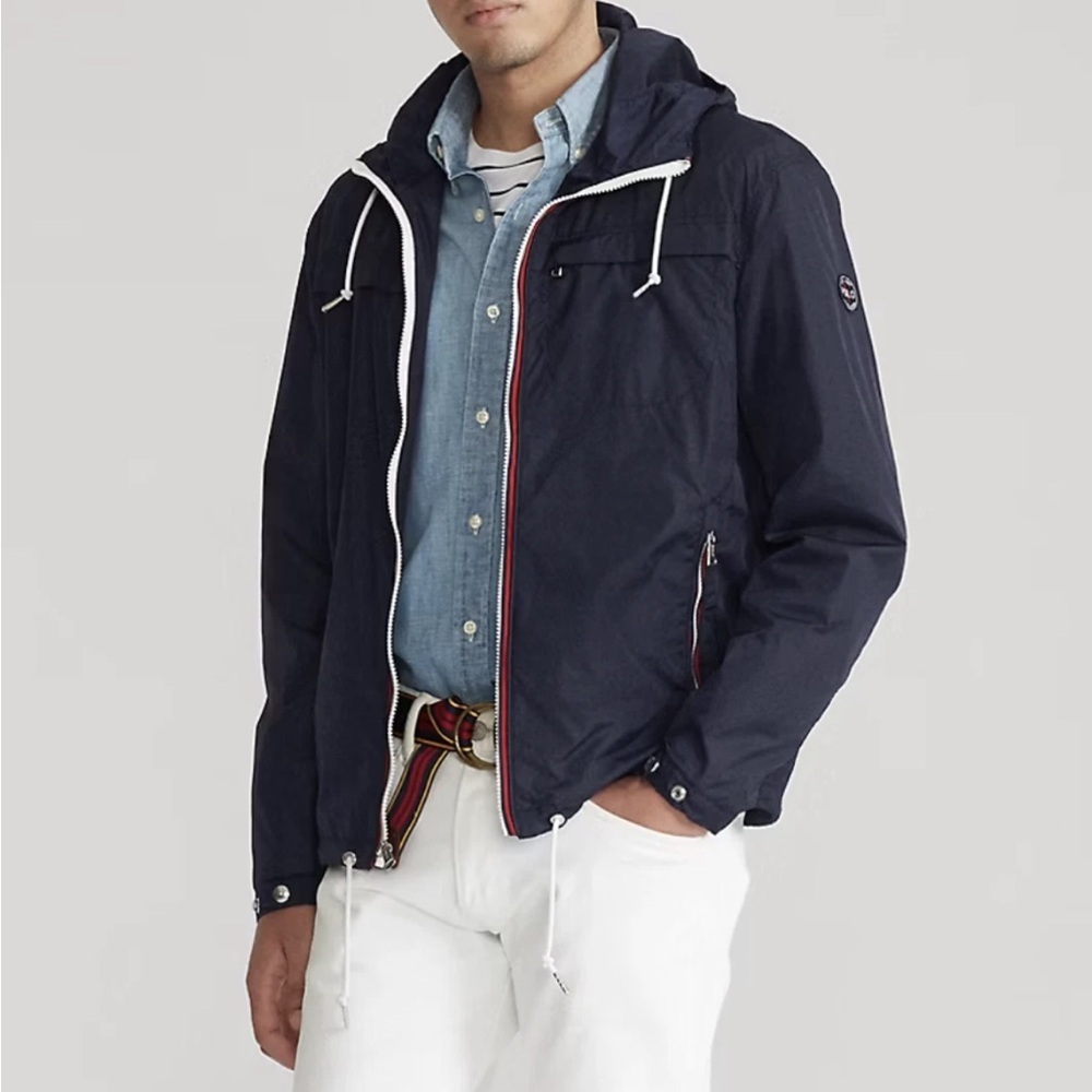Polo Ralph Lauren Packable Hooded Jacket Aviator Navy Blue Mens Drawstring Sz XL